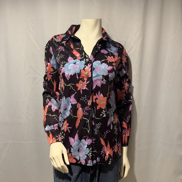 70s Black Floral Blouse Peony Clematis Birds Fun Vintage Made in USA Sz Small - Picture 1 of 8